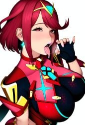 ai_generated big_lips handjob_gesture horny_female huge_breasts pyra pyra_(xenoblade) rolling_eyes saliva saliva_trail tongue_out