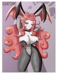 arms_behind_head bat_wings big_breasts breasts bunny_ears bunnysuit cleavage eyelashes goatink grey_skin grey_skin hair leggings leotard lillith_(paladins) long_hair paladins red_eyes red_hair thick_thighs thighs tights vampire vampire_girl very_long_hair wings