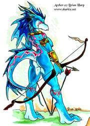 2002 archer arrow ass blue_skin bow breasts brian_harp dragon female nude scalie sideboob solo tail