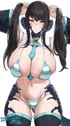 1girls au_ra big_breasts bikini black_hair breasts breath cosplay final_fantasy final_fantasy_xiv hatsune_miku_(cosplay) holding_hair horns ml_ffc nunu_(pixiv69145027) sagging_breasts sapphira_nyx scales solo striped_bikini sweat tail thigh_squish thighhighs thighs tie twintails yellow_eyes