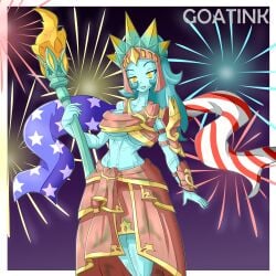 1girls 4th_of_july american_flag big_breasts blue_green_hair blue_hair blue_skin breasts cleavage crown female_only fine_art_parody fireworks fourth_of_july goatink hair inara_(paladins) lady_liberty midriff navel paladins public_domain skirt staff statue_of_liberty torch underboob yellow_eyes