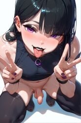 ai_generated bangs black_hair crop_top femboy flaccid foreskin from_above gay long_hair original otoko_no_ko peace_sign penis purple_eyes self_upload squatting stockings tongue_out white_background