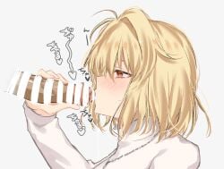 1boy arcueid_brunestud bar_censor blonde_hair blush censored commentary_request cum cum_on_body dainatsu facial female handjob jewelry licking oral pendant red_eyes short_hair simple_background solo_focus sweater tsukihime tsukihime_(remake) upper_body white_background white_sweater