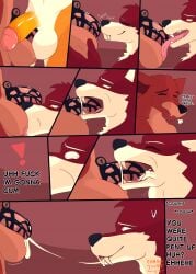 absurd_res anthro ball_lick balls black_chastity_cage bodily_fluids canid canine caninewine caninewine_devan canis chastity_(disambiguation) chastity_cage chastity_device comic cum cum_in_chastity_cage cum_string digital_media_(artwork) duo fellatio five_nights_at_freddy's fox foxy_(fnaf) fur genital_fluids genitals gulp_(sound_effect) hi_res huge_filesize licking licking_chastity_cage licking_chastity_device male male/male mammal nude oral penile penis scottgames sex simple_background sniffing sound_effects surprise surprised_face swallowing teeth text tongue tongue_out vampire wolf