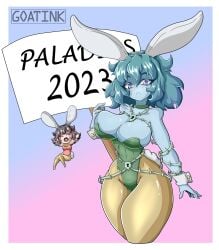 2023 big_breasts black_hair black_sclera blue_eyes blue_hair breasts bunny_ears bunnysuit chin_length_hair cleavage dark_blue_hair doll eyelashes ghost ghost_girl goatink hair kasumi_(paladins) leggings leotard mascara_tears paladins runny_makeup thick_thighs thighs