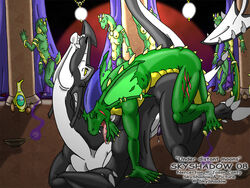 anal anal_sex audience black closed_eyes eyes_open gay green lizard loincloth looking_pleasured looking_up male open_mouth penetration penis public raised_tail scalie skyshadow tail tongue underwear wyvern yellow_eyes