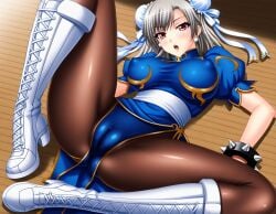 1girls :o ai_generated ass_visible_through_thighs autismmix_pony(model) beige_lips beige_lipstick black_bracelet blossomtea bracelet breasts brown_pantyhose cameltoe capcom chun-li chun-li_(cosplay) cosplay covered_nipples crossover crossover_cosplay earrings eyebrows eyebrows_visible_through_hair eyelashes eyelashes_visible_through_hair footwear grey_hair hair_bun_covers laying_on_back laying_on_floor maha_no_hanashi masa_works_design on_back pantyhose pearl_earrings red_eyes self_upload seryl-claude_les_elizabeth shoulders side_slit solo solo_focus spiked_bracelet spikes street_fighter teeth upper_teeth upper_teeth_only white_earrings white_footwear wooden_floor yodayo