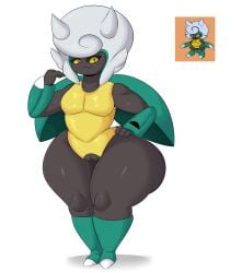 absurd_res anthro arthropod beetle beta_pokemon_(species) beta_pokemon_games black_body clothing coffee_demon female genitals hair hi_res horn insects nintendo pokemon pokemon_(species) pussy solo topwear vest white_hair yellow_eyes