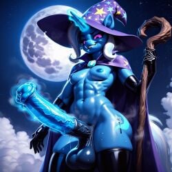 abs ai_generated anthro balls cape futanari huge_cock latex magic moon muscular my_little_pony pony staff thighhighs trixie_(mlp) witch_hat