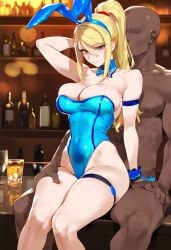 ai_generated big_breasts bimbo blonde_hair bunnysuit cleavage clothed_female_nude_male dark-skinned_male female female_focus geosan green_eyes metroid nintendo nude_male samus_aran snowbunny thick_thighs