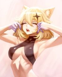 1girls animal_ears armpits blonde_hair breasts cat_ears closed_eyes female female_only huge_breasts kaneko_lumi light-skinned_female light_skin nipple_bulge open_mouth phase_connect phase_invaders purple_fingers solo teonanix virtual_youtuber