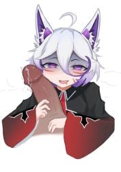 1boy 1girls animal_ears aroused dark-skinned_male dark_skin drooling indie_virtual_youtuber looking_at_viewer male_pov nun nun's_habit open_mouth penis penis_against_face pov precum purple_eyes purple_hair raya_riot simple_background ssrfex virtual_youtuber white_background wolf_ears wolf_girl