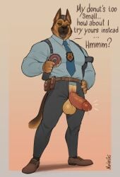 2024 absurd_res anthro balls beard belt big_penis biped blue_clothing blue_necktie blue_shirt blue_topwear bodily_fluids bottomwear canid canine canis casual claws clothed clothing dessert digital_media_(artwork) domestic_dog doughnut dripping english_text erection eyewear facial_hair finger_claws firearm food footwear full-length_portrait genital_fluids genitals german_shepherd glasses gun handgun herding_dog hi_res holding_doughnut humanoid_genitalia humanoid_penis looking_at_viewer male male_anthro mammal marlon.cores mature_anthro mature_male necktie open_bottomwear open_clothing open_pants pants pastoral_dog pastry penis police police_badge police_officer portrait precum precum_drip ranged_weapon revolver ring shirt shoes solo standing talking_to_viewer text topwear vein veiny_penis weapon