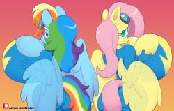 anthro back_view big_breasts breasts busty clop clothes female fluttershy_(mlp) friendship_is_magic fullcolor gatonori giant_boobs glasses goggles half_body huge_breasts my_little_pony norithecat pony rainbow_dash_(mlp) wings