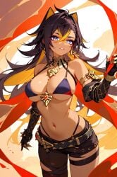 absurd_res ai_generated bikini black_gloves dark-skinned_female dehya_(genshin_impact) female genshin_impact hair_ears hair_intakes large_breasts ministro navel stomach