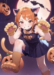 1girl ai_generated aipa animal_ear_fluff animal_ears animal_hands bat_(animal) black_dress blush bow cat_ears cat_tail choker dress full_moon gloves grin hair_bow halloween jack-o'-lantern long_hair looking_at_viewer moon nami nami_(one_piece) orange_hair paw_gloves paw_shoes pumpkin safe sfw sleeveless sleeveless_dress smile solo tail