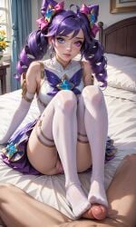 1boy ai_generated blue_eyes footjob footjob_with_legwear gwen_(league_of_legends) heterochromia jpeg league_of_legends male penis pink_eyes purple_hair riot_games star_guardian_gwen star_guardian_series thighhighs