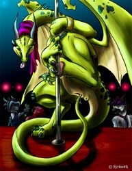 dancing dragon female green hiroi_kairu necrodrone_(character) nude pole_dancing pussy scalie stripper tail