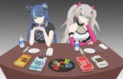 2girls animal_ears bare_shoulders bear_ears bear_girl blue_eyes blue_hair bottles clothed clothing condom_box condom_wrapper condoms desk duo female female_only fingerless_gloves flavored_condom fork forks fujikura_uruka funny gloves grey_hair hair_ornament jpeg knifes light-skinned_female light_skin nodrog_(111nodrog) phase_connect phase_origins pink_gloves rinkou_ashelia twintails unopened_condom_wrapper virtual_youtuber water_bottle