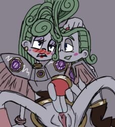 blue_eyes blush dreamworks fingering fingers green_hair green_lips incest pale-skinned_female pale-skinned_male pale_skin red_lips shoulder_pads siblings spread_pussy trolls_(film) trolls_band_together universal_studios velvet_(trolls) veneer_(trolls)