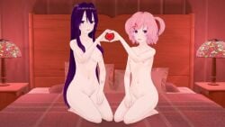 2girls 3d before_sex doki_doki_literature_club heart heart_hands heart_hands_duo heart_symbol human human_only imminent_sex jpeg light-skinned_female light_skin looking_at_viewer natsuki_(doki_doki_literature_club) on_bed quarantine69 yuri_(doki_doki_literature_club)