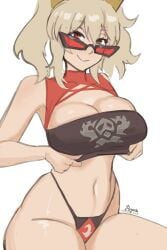 1girls big_breasts bikini blonde_hair burnice_white huge_breasts large_breasts looking_over_eyewear looking_over_sunglasses pale-skinned_female pale_skin panties squishlewds sunglasses tinted_eyewear twintails zenless_zone_zero