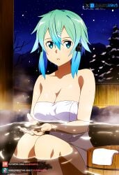 ai_generated asada_shino big_breasts blue_eyes blue_hair curvy curvy_figure female female female_only hair_ornament juanpiamvs looking_at_viewer night open_mouth patreon patreon_username short_hair sinon sitting snow subscribestar subscribestar_username sword_art_online towel towel_only trees water watermark