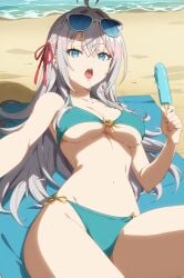 absurd_res ahoge ai_generated alisa_mikhailovna_kujou beach bikini ministro navel sunglasses_on_head tokidoki_bosotto_russian_de_dereru_tonari_no_alya-san umbrella