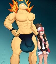 2024_pokemon_teraleak abs absurd_res anthro balls_bigger_than_penis blush bulge clothed clothing duo female fire generation_2_pokemon hi_res hilda_(pokemon) humanoid interspecies male male/female male_focus muscular muscular_anthro muscular_male nintendo pokemon pokemon_(species) pokemon_trainer pokephilia size_difference tohilewd typhlosion