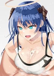 1boy 1girls arknights bad_id bad_pixiv_id big_breasts blue_eyes blue_hair blush bra breasts censored cleavage clothed_female_nude_male completely_nude completely_nude_male cum cum_drip cum_on_breasts cum_on_face cumshot ejaculation ejaculation_between_breasts female female_focus halo heavy_breathing hi_res horns large_breasts male male/female mosaic_censoring mostima_(arknights) nude nude_male open_mouth orste paizuri precum smile solo_female solo_focus solo_male speed_lines sports_bra steam sweat textless