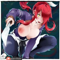 boobs_out breast_squeeze breasts_out crouching flatpancakes highres kitchen_utensils knife kobayashi_rindou large_breasts looking_at_viewer nipples open_shirt patreon_username ponytail red_hair shokugeki_no_souma tits_out