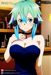 ai_generated asada_shino bar big_breasts blue_dress blue_eyes blue_hair blush collar curvy curvy_figure dress female female female_only hair_ornament juanpiamvs patreon patreon_username short_hair sinon sitting subscribestar subscribestar_username sword_art_online tavern watermark