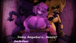 3d 3d_(artwork) 3girls asrielthewagon big_ass big_breasts cleavage clothed female female_only five_nights_at_freddy's fredina's_nightclub horror huge_ass huge_breasts no_bra pov purple_girl revealing_clothes teasing type_0 type_1