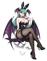 1girls 2024 artist_name bat bat_wings blush blushypixy blushyspicy breasts bunny_ears bunny_girl bunnysuit capcom choker cleavage darkstalkers fake_animal_ears female female_only green_eyes green_hair hair_ornament heart heart_cutout high_heels large_breasts licking_lips light-skinned_female light_skin long_hair looking_at_viewer morrigan_aensland pantyhose plain_background solo thick_thighs tongue tongue_out watermark white_background wrist_cuffs