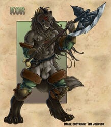 1boy anthro axe balls belt canine flaccid furry kor male male_only nude penis sheath solo tail tim_johnson tribal warrior weapon wolf