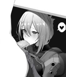 absurdres anime_style ass braid clothes_pull cross_in_eye de_lacey_(neural_cloud) fellatio female_focus folded_ponytail girls'_frontline girls'_frontline_neural_cloud greyscale hair_between_eyes heart highres jacket looking_at_another monochrome offscreen_character offscreen_male open_clothes open_jacket oral pants pants_pull professor_(neural_cloud) saliva saliva_drip shirt shoulders side_braid sidelocks speech_bubble spoken_heart sweat taut_clothes taut_shirt tearing_up turtleneck under_the_table undershirt yanagui_yugi