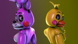 3d 4k back back_view bedroom_eyes bird bird_girl blue_eyes bunny bunny_ears bunny_girl disboi215 five_nights_at_freddy's five_nights_at_freddy's:_sister_location five_nights_at_freddy's_2 fnaf green_eyes hands_behind_head highres looking_at_viewer looking_back oc pink_body pink_cheeks pink_nipples red_cheeks rosy_cheeks sfm shiny_body shiny_skin sideboob source_filmmaker toy_bonnet_(fnaf) toy_chica_(fnaf) white_body yellow_body