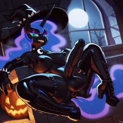 ai_generated anthro anus balls black_lipstick black_penis breasts collar futanari halloween jack-o'-lantern latex my_little_pony nightmare_moon_(mlp) penis ponut pony princess_luna_(mlp) spiked_bracelet thighhighs