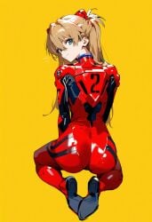 1girls ai_generated ass asuka_langley_sohryu full_body kneeling looking_back neon_genesis_evangelion plugsuit shoppy smile soles yellow_background