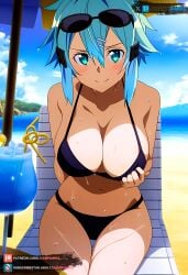 ai_generated asada_shino beach beach_chair beach_umbrella big_ass big_breasts blue_eyes blue_hair blush clouds curvy curvy_figure drink female female female_only grabbing_own_breast hair_ornament juanpiamvs patreon patreon_username sea seaside short_hair sinon sitting sitting_on_chair sky smiling subscribestar subscribestar_username sunglasses sunglasses_on_head sword_art_online watermark