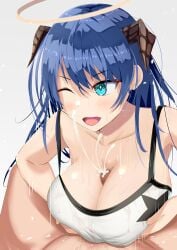 1boy 1girls arknights bad_id bad_pixiv_id big_breasts blue_eyes blue_hair blush bra breasts censored cleavage clothed_female_nude_male completely_nude completely_nude_male cum cum_on_breasts cum_on_face cumshot ejaculation ejaculation_between_breasts female female_focus halo hi_res horns large_breasts male male/female mosaic_censoring mostima_(arknights) nude nude_male open_mouth orste paizuri precum smile solo_female solo_focus solo_male speed_lines sports_bra sweat textless