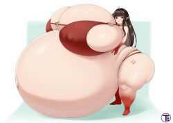 barefoot bikini colored_skin disproportional full_body gigantic_belly gigantic_breasts honkai:_star_rail hyper_belly hyper_breasts hyper_pregnancy lingsha_(honkai:_star_rail) logo looking_at_viewer nipple_bulge pregnant red_bikini red_feet smile standing timaeus