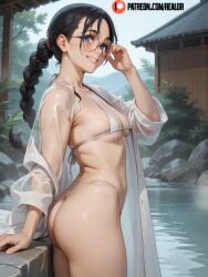 ai_generated bikini bleach blue_eyes brown_hair female hot_spring katori_batsu'unsai long_hair low_ponytail realor skinny solo standing thighs