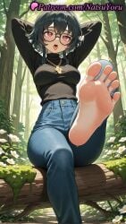 1girls ai_generated anime anime_style arms_behind_head arms_up asian bangs barefoot black-framed_eyewear black_hair black_sweater blue_pants blush branch breasts bust busty cross cross_necklace denim feet female female_focus female_only fetish flower foot_fetish foot_focus foot_out_of_frame foreshortening forest glasses hair_between_eyes heart heart-shaped_pupils high-waist_pants hunter_x_hunter jeans jewelry large_breasts leg_up lipstick long_sleeves looking_at_viewer medium_breasts medium_hair megane natsuyoru nature necklace open_mouth outdoors pants pov_feet presenting_foot red_eyes round_eyewear saliva shizuku_murasaki short_hair sitting soles solo solo_female sweat sweater symbol-shaped_pupils teeth thighs toenails toes tongue tongue_out tree turtleneck turtleneck_sweater upper_teeth_only voluptuous voluptuous_female white_flower