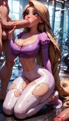 1girls 2boys ai_generated blonde_hair_female bottledgenie breasts cleavage clothed_female_nude_male disney disney_princess fellatio green_eyes_female gym gym_clothes holding_penis kneeling long_hair_female long_penis multiple_penises navel oral_sex penis penis_in_mouth rapunzel tangled testicles torn_pants very_long_hair_female