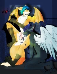 anthro ball_fondling ball_licking balls bat blue_eyes blue_hair canine cum eyes_open feathered_wings fenix fox fur furry gay hair heart hindpaw horns humanoid_penis licking male no_humans open_mouth oral plantigrade seth-iova tongue wings