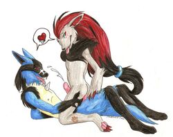 black_markings blue cum eyes_open gay green_eyes grey heart humanoid_penis iko ikorane lucario male no_humans open_mouth penis pokemon pokemon_(species) pokemorph red_eyes tongue zoroark