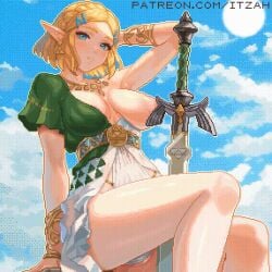 1girls animated big_breasts breasts cameltoe clothing convenient_censoring female itzah legs_closed nintendo one_breast_out pale_skin princess_zelda shield sword tears_of_the_kingdom the_legend_of_zelda thong tunic zelda_(breath_of_the_wild) zelda_protagonista