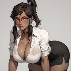 1girls ai_generated avatar_legends bending_forward black_skirt blue_eyes brown_hair cleavage dark-skinned_female eogard_orc female huge_breasts korra looking_at_viewer office office_clothing office_lady ponytail red_glasses self_upload stable_diffusion the_avatar the_legend_of_korra water_tribe white_shirt