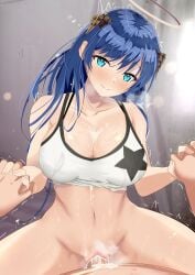 1boy 1girls afterglow arknights bad_id bad_pixiv_id big_breasts blue_eyes blue_hair blush bottomless bra breasts censored cleavage clothed_female_nude_male cowgirl_position cum cum_drip cum_in_pussy cum_inside cum_on_body cum_on_breasts cum_on_upper_body female female_focus female_on_top female_penetrated girl_on_top halo happy happy_sex heart heavy_breathing hi_res holding_hands horns human large_breasts long_hair looking_at_viewer looking_pleasured male male/female male_penetrating male_penetrating_female male_pov mosaic_censoring mostima_(arknights) navel no_panties nude nude_male open_mouth orste overflow penetration penis penis_in_pussy pov pussy sex smile solo_female solo_focus solo_male sports_bra steam steamy_pussy sweat textless trembling uncensor_request vaginal_penetration wet_clothes